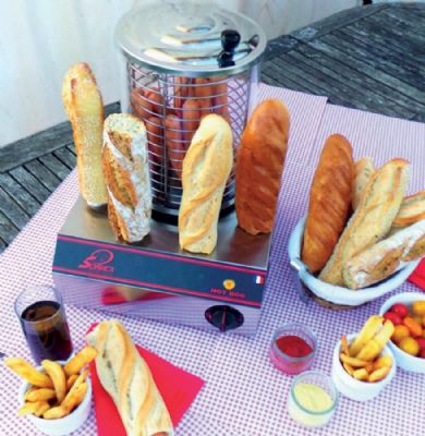 Chauffe saucisses avec conteneur � couvercle inox 8 plots - 120 pi�ces/h