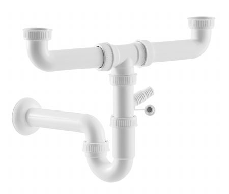 Siphon en plastique avec raccord d'appareil pour evier avec 2 cuve