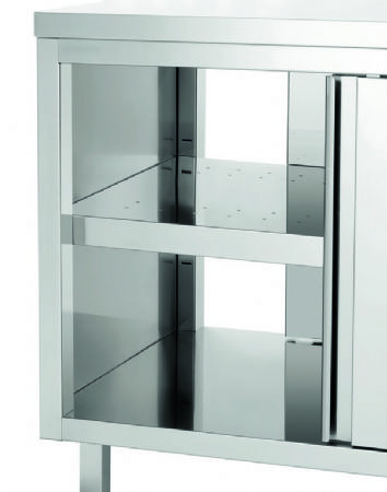Meuble bas inox chauffant traversant ouvert avec 2 portes coulissantes - 1200x700x850 mm