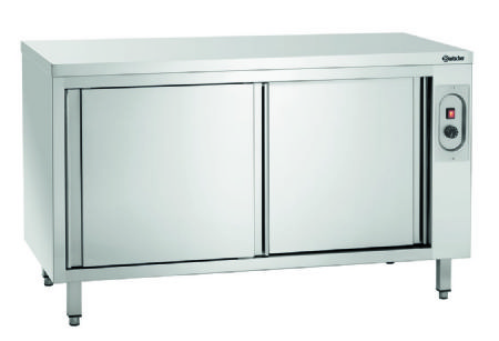 Meuble bas inox chauffant traversant ouvert avec 2 portes coulissantes - 1400x700x850 mm