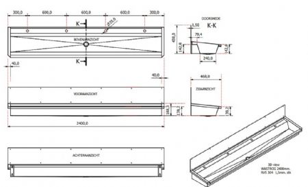 Lave-mains inox extra-large 2400 mm avec crédence intégrée et 4 trous pré-percés - Combisteel - 7013.4615