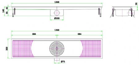 Caniveau de sol pour cuisine 1368x300x140 mm en acier inoxydable - Combisteel - 7075.0115
