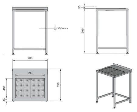 Plan de travail pro avec bac d'gouttage intgr - 700x650x900mm