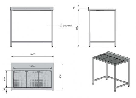 Plan de travail pro avec bac d'gouttage intgr - 1000x650x900mm