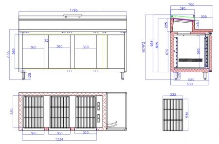 Saladette professionnelle 3 portes 8 bacs GN 1/3 couvercle verre positive - Combisteel - 7092.0115