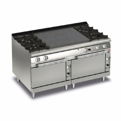 Fourneau gaz 4 foyers vifs + plaque coup de feu sur 2 fours gaz 1600x700x870 Fourneau gaz 4 foyers vifs + plaque coup de feu sur 2 fours gaz 1600x700x870