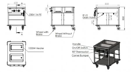Chariot bain-marie mobile 2 bacs GN 1/1 cuves réglables séparément monophasé - Combisteel - 7178.1155