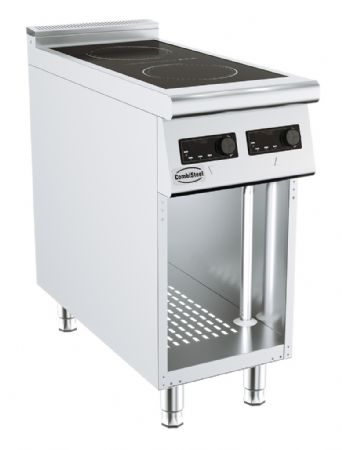 Cuisiniere induction professionnelle electrique 2 plaques 5kW chacune sur armoire ouverte