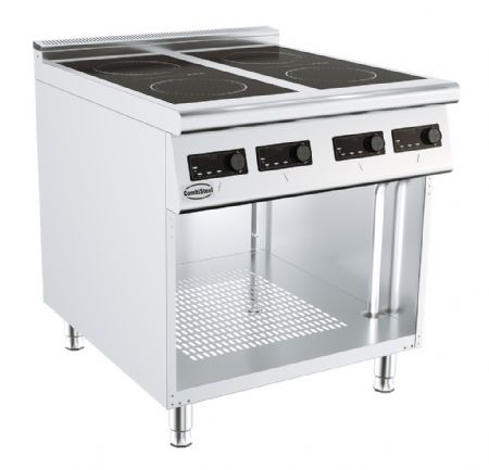Cuisiniere induction professionnelle electrique 4 plaques 5kW chacune sur armoire ouverte