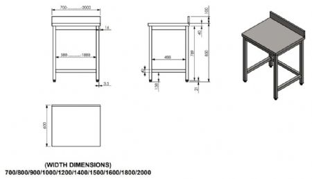 Table de travail inox avec dessous ouvert et dosseret dmontable - 1800x600x900mm