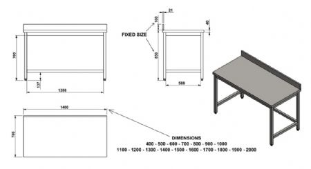 Table de travail pro inox avec dessous ouvert et dosseret dmontable - 1400x700x900mm