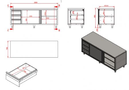 Meuble bas de rangement inox portes coulissantes et tiroirs 2000x700x850 mm - Combisteel - 7333.0254
