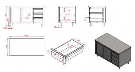 Meuble bas de rangement inox portes coulissantes et tiroirs 1400x700x850 mm - Combisteel - 7333.0256