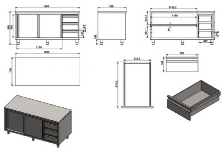 Table de travail inox avec portes coulissantes et tiroirs  droite - 1600x700x850mm