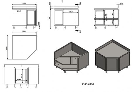 Meuble bas de rangement inox d'angle avec porte avec bord relevé 1000x600x850 mm - Combisteel - 7333.0290