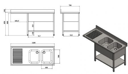 Plonge Inox 2 bacs 1600x700x850 mm - Combisteel - 7333.1425