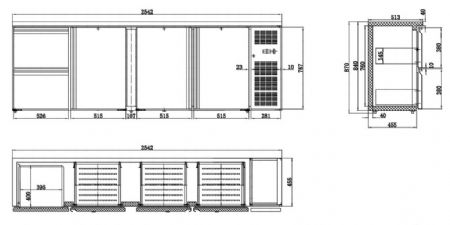 Arrire bar rfrigre noir 3 portes et 2 tiroirs 2542x513x860