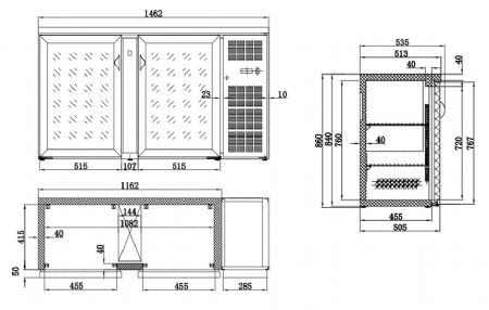 Arrire bar rfrigre noir 2 portes vitres 1462x535x860