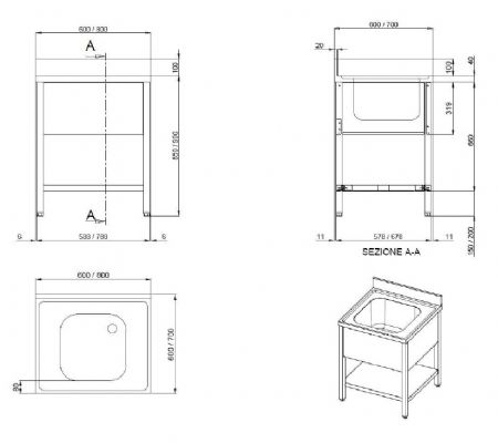 Plonge pro avec tagre dmontable 1 bac au centre - 700x700x850mm