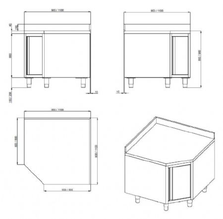 Meuble bas de rangement inox d'angle avec porte 1000x700x850 mm - Combisteel - 7452.3000