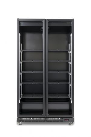 Réfrigérateur noir à 2 portes battantes vitrées avec un capacité de 850L