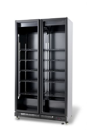 Réfrigérateur noir à 2 portes battantes vitrées avec un capacité de 850L