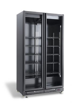 Réfrigérateur noir à 2 portes battantes vitrées avec un capacité de 850L