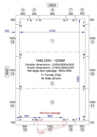 Chambre froide compl�te panneaux iso 120 mm plage de temp�rature -5/+15�C avec dimensions ext�rieures 2400x3600x2400 mm