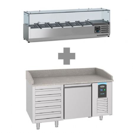Meuble à pizza inox 2 portes et 5 tiroirs avec plan en granit +2/+8 + saladette 6x1/3 1500mm