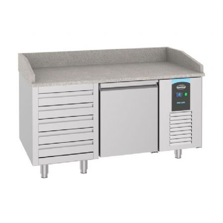 Meuble à pizza inox 2 portes et 5 tiroirs avec plan en granit +2/+8 + saladette 6x1/3 1500mm