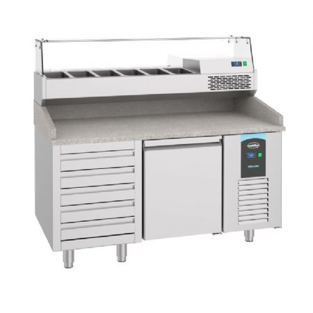 Meuble à pizza inox 2 portes et 5 tiroirs avec plan en granit +2/+8 + saladette 6x1/3 1500mm