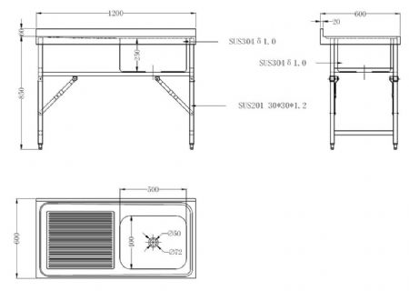 Plonge Inox 1 bac 1200x600x910 mm - Combisteel - 7490.0275