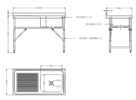 Plonge Inox 1 bac 1200x600x910 mm - Combisteel - 7490.0275