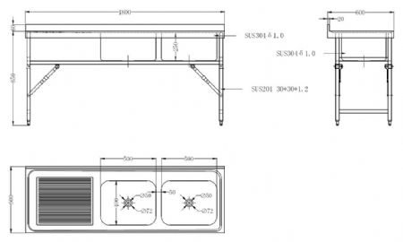 Plonge Inox 2 bacs 1800x600x910 mm - Combisteel - 7490.0280
