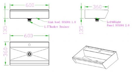 Plonge professionnelle inox AISI 304 1 bac 1 trou de robinet 600x360x135 mm - Combisteel - 7490.0340