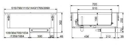 Bain marie professionnel encastrable gn 4/1 - remplissage deau automatique 1440x720x302