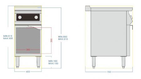 Cuisiniere professionnelle  induction 2 zones seulement pour poeles  induction sur armoire ouverte