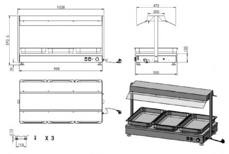 Rampe chauffante avec double chauffage et 3 compartiments 1/1GN 1035x500x600 mm - Combisteel - 7518.0185