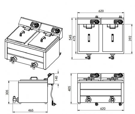 Friteuse  professionnelle electrique a poser avec 2 cuves 8l - 2x3kW