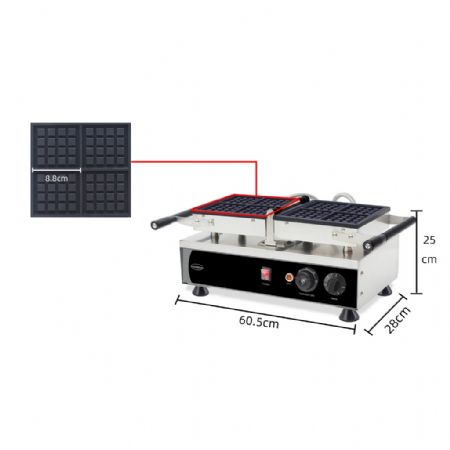 Gaufrier professionnel Monophasé acier inoxydable rotatif 4 gaufres de Bruxelles 88x88x26 mm - Combisteel - 7540.0075