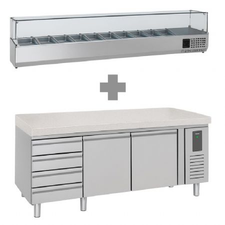 Meuble à pizza inox avec plan en granit 3 portes et 7 tiroirs allant de +2 à +8 + saladette 9x1/3 2000mm