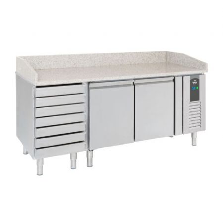 Meuble à pizza inox avec plan en granit 3 portes et 7 tiroirs allant de +2 à +8 + saladette 9x1/3 2000mm