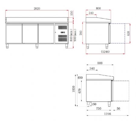 Table a pizza professionnelle  3 portes - 2025x800x1000