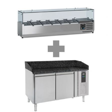 Meuble à pizza inox avec plan en granit noir 2 portes de +2 à +8 + saladette 6x GN1/3 1500mm