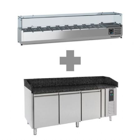 Meuble à pizza en inox avec plan en granit noir 3 portes  +2/+8 + saladette 9x1/3 2000mm