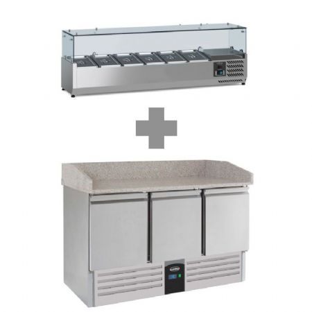 Meuble à pizza inox avec plan en granit et 3 portes allant de +2 à +8°C + saladette 6x1/3 1400mm