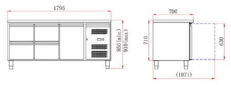 Table desserte réfrigérée 1 porte pleine 4 tiroirs 417 L - Combisteel - 7950.0215