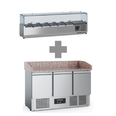 Meuble à pizza inox avec plan en granit 3 portes allant de +2 à +8°C + saladette 6x1/3 1400mm
