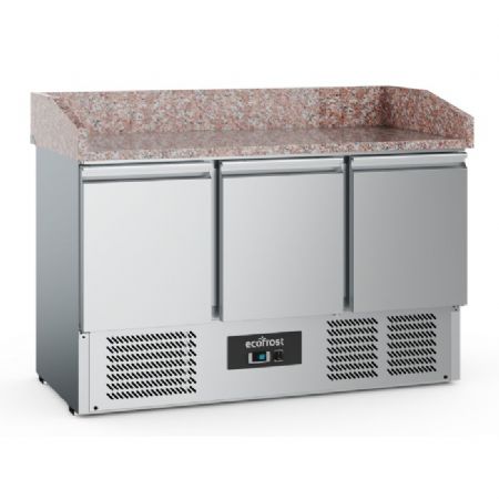 Meuble à pizza inox avec plan en granit 3 portes allant de +2 à +8°C + saladette 6x1/3 1400mm
