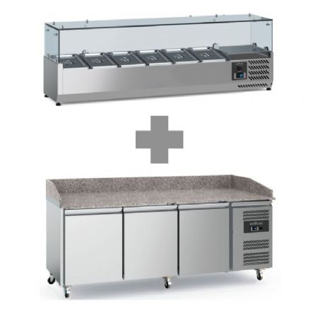 Meuble à pizza inox 2 portes avec plan en granit +2/+8 + saladette 6x1/3 1500mm